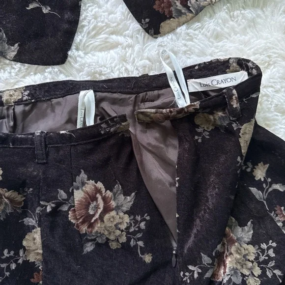 Japanese Luxury Brand: 90s Vintage brown velvet floral set matching vest + skirt - Picture 4 of 8